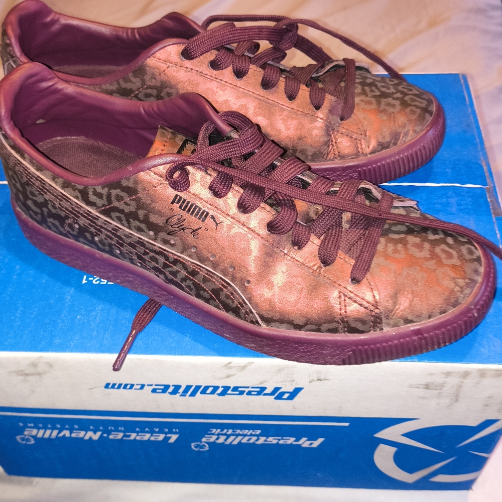 PUMA Clyde Women's Metallic Burgundy Leopard Sneakers